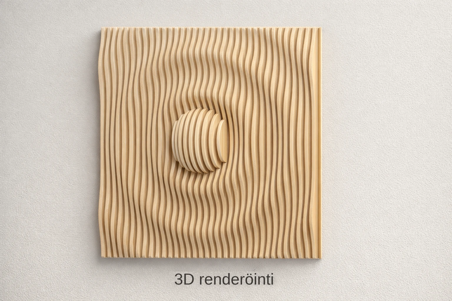 Koivuvanerisen neliömallisen seinäteoksen 3D renderi