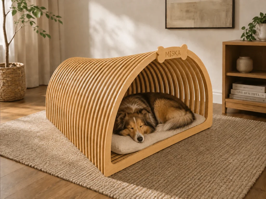 Puinen design koirakoti. Luu-nimikyltti.